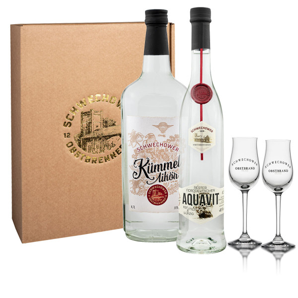 Präsent 1490 &quot;Aquavit &amp; Kümmel&quot; - Geschenkset mit Gläsern