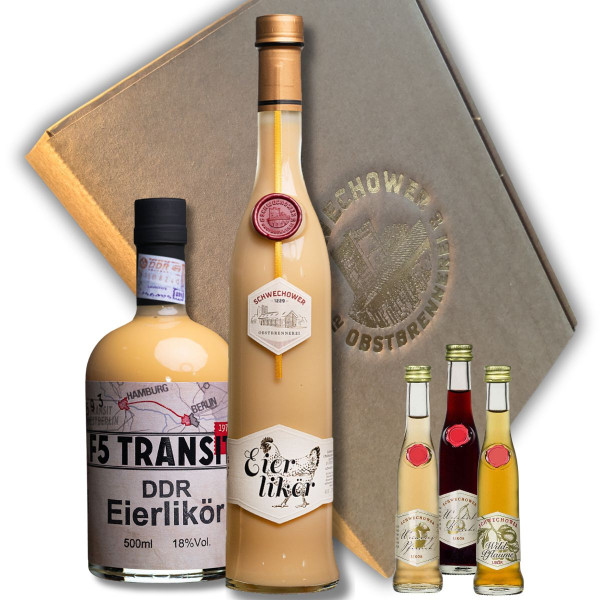 Präsent DDR Eierlikör &amp; Marzipan Eierlikör + 3 Kleine Liköre in Geschenkkarton (BRD-DDR)