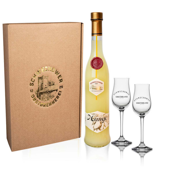 Likör Mango 0,5l + 2 Bouquetgläser Geschenkkarton (16%Vol.) - Geschenkset, Präsent