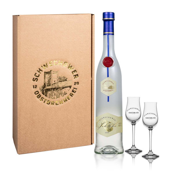 Obstgeist Schlehe 0,5l + 2 Obstgeistgläser (40%Vol.) - Geschenk