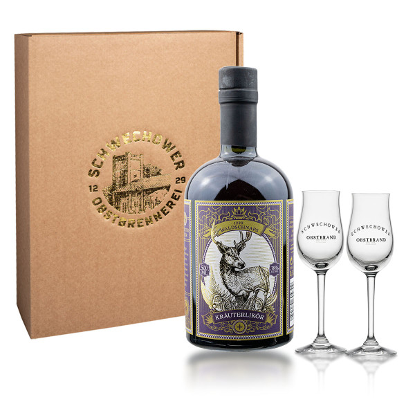 KRÄUTER 38 0.5l (38%Vol) - Waldkräuter - kräftiger Kräuterlikör - Geschenk + Gläser