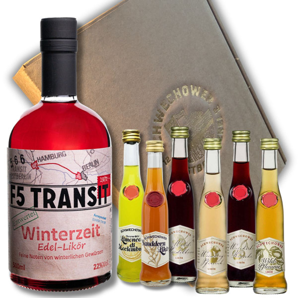 Präsent Winterzeit + 6 Kleine Liköre (Mix) im Geschenkkarton - Schnapsgeschenk (BRD-DDR)