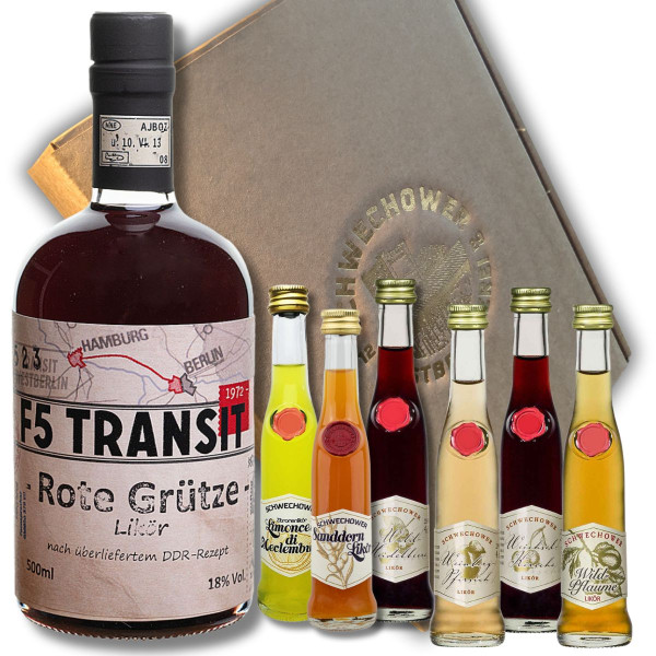 Präsent Rote Grütze Likör + 6 Kleine Liköre (Mix) im Geschenkkarton - Schnapsgeschenk (BRD-DDR)