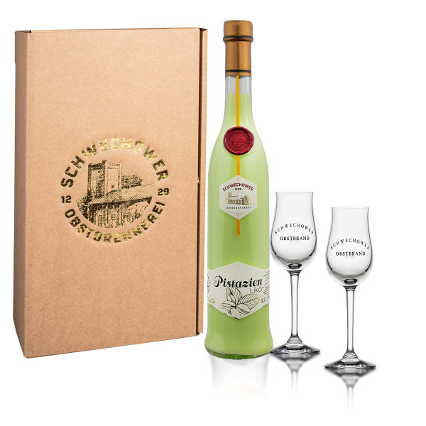 Likör Pistazie 0,5l + 2 Bouquetgläser (17%Vol.) - Geschenk