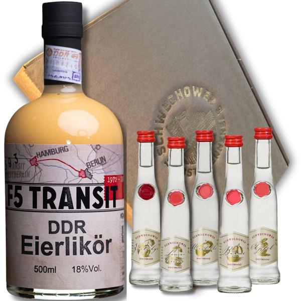 Präsent DDR Eierlikör + 5 Kleine Schnäpse (Mix) im Geschenkkarton - Schnapsgeschenk (BRD-DDR)