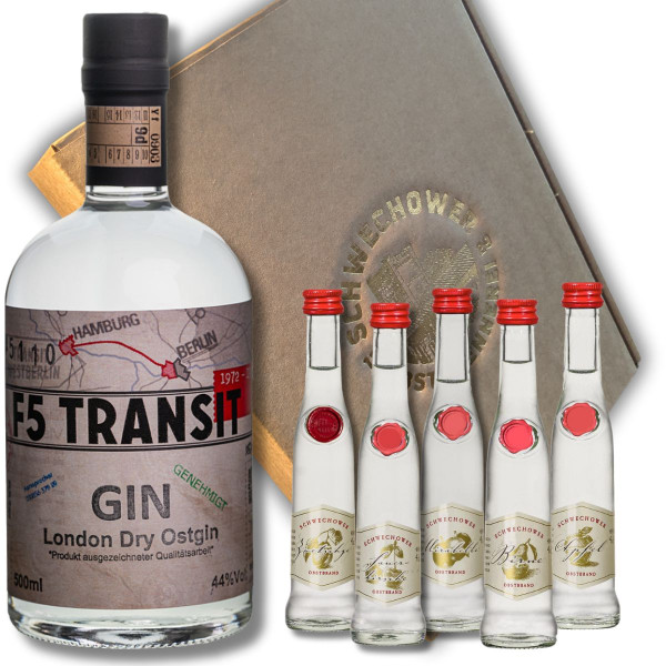 Präsent GIN + 5 Kleine Schnäpse (Mix) im Geschenkkarton - Schnapsgeschenk (BRD-DDR)