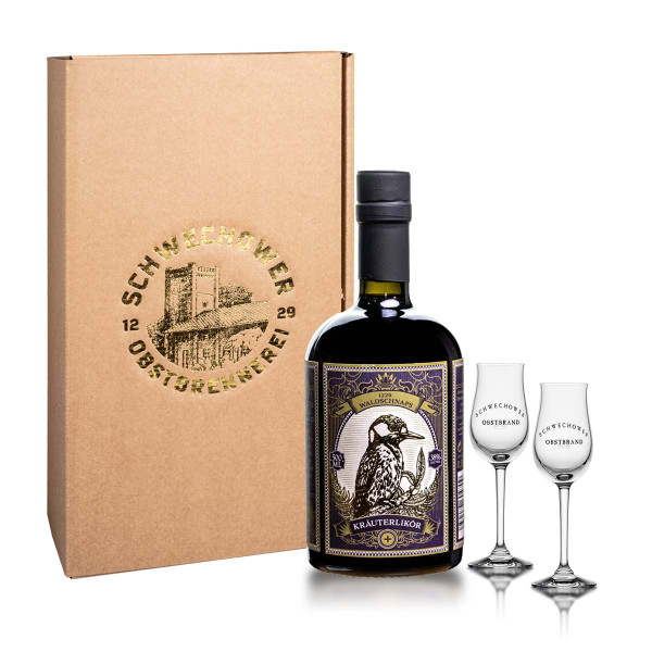 KRÄUTER 38 0.5l (38%Vol) - Waldkräuter - kräftiger Kräuterlikör - Geschenk + Gläser (Waldschnaps)