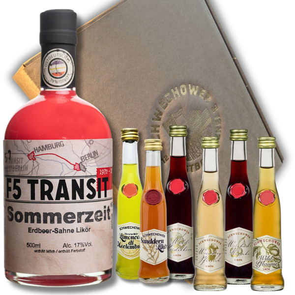 Präsent Sommerzeit Erdbeer-Sahne Likör + 6 Kleine Liköre (Mix) im Geschenkkarton - Schnapsgeschenk
